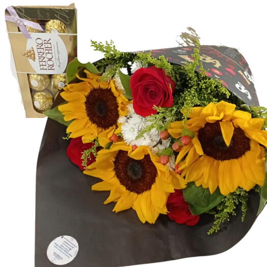 Buquê 3 Girassois e 3 Rosas Vermelhas Ferrero Rocher