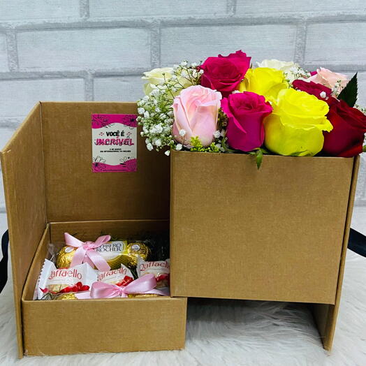 Caixa Surpresa com Rosas e Chocolates