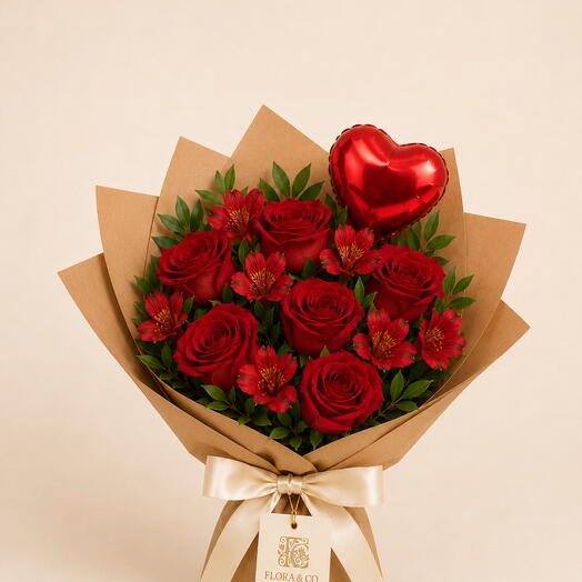 Buquê Amor em Vermelho com Rosas,Astromelia e Balão