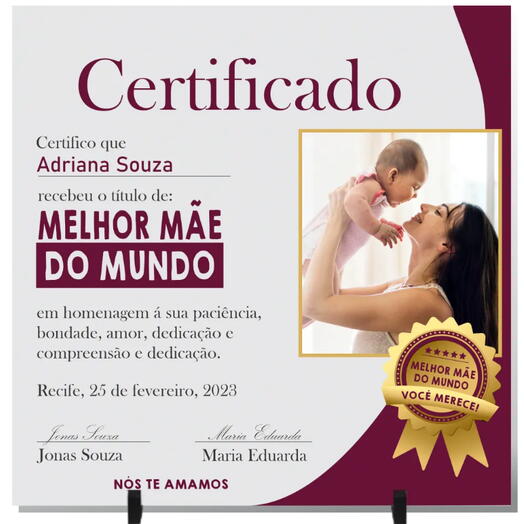 Quadro em Cerâmica Personalizado Certificado Melhor Mãe do Mundo