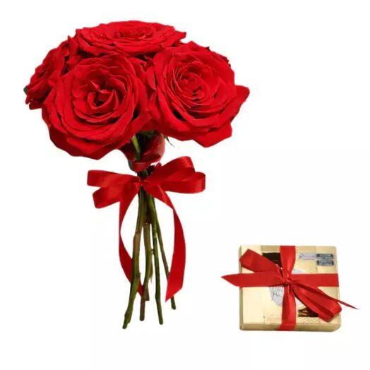 Buquê de 6 Rosas Vermelhas Importadas + Farrero Rocher de 4 Unidades
