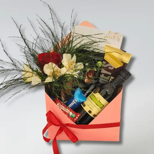 Caixa Envelope com Vinho Flores e Chocolat