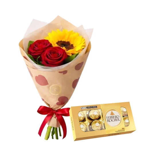 Buquê de 1 Girassol e 2 Rosas Vermelha + Ferrero Rocher de 8 unidades