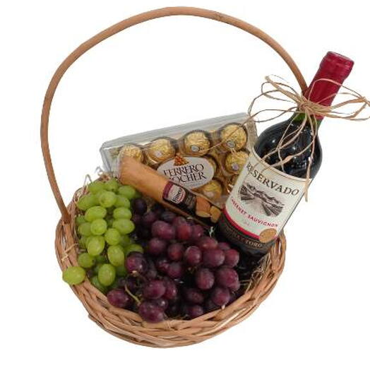 Cesta Pequena de Queijo, Vinho e Frutas