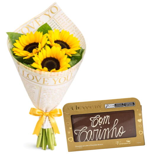 Buquê com 3 Girassois + Chococard Com Carinho