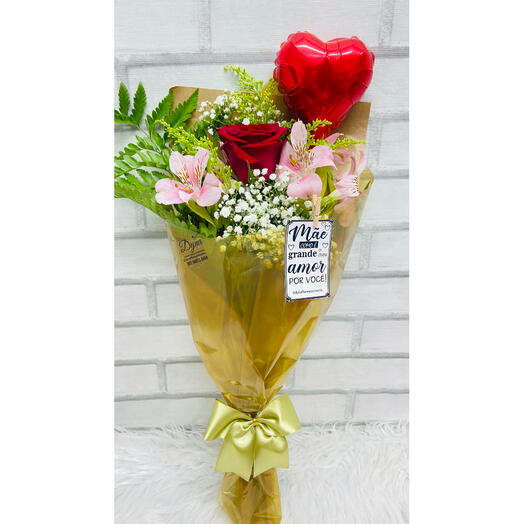 Mini Buquê com Balão Coração Petit com Rosa Vermelha