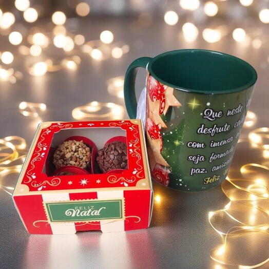 Caneca Personalizada Natal com Caixa de Brigadeiros "Feliz Natal" 4 unidades
