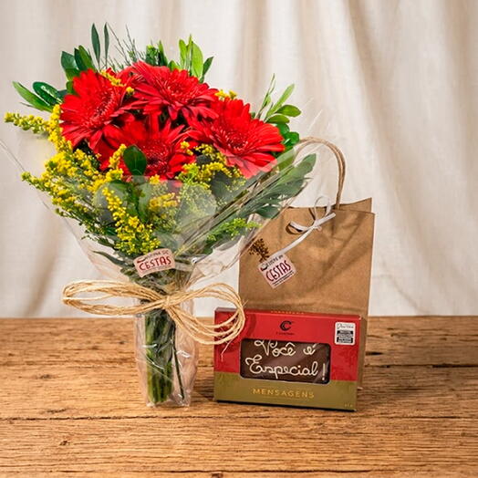 Buquê de Gerberas e Doce Mensagem-Cia do Cacau
