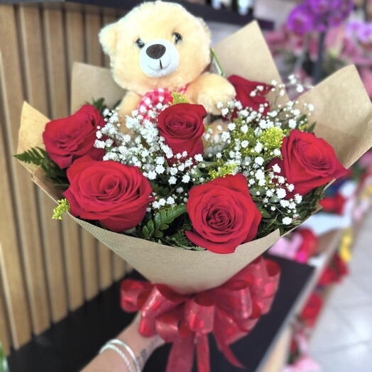Buquê Rosas Vermelhas e Urso Pelucia