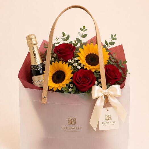 Kit Gold Romance com Rosas e Girassol e Baby Chandon Brut