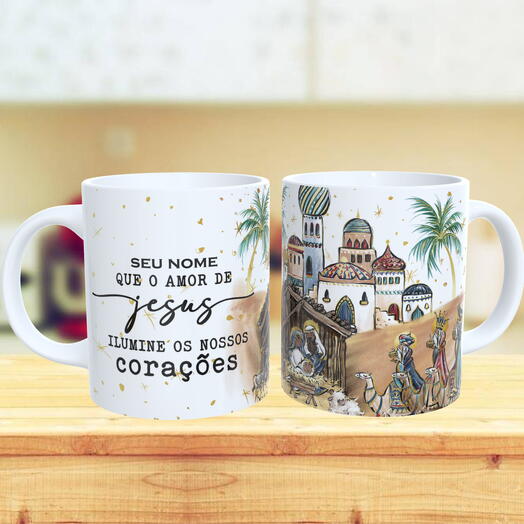 Caneca Natal com Nome - "Que O Amor De Jesus Ilumine Os Nossos Corações"