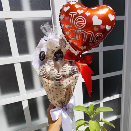 Dia das Mães - Buquê de chocolate com morangos Felicidade + kit