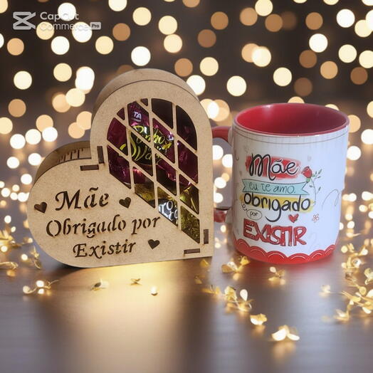 Kit presente Mãe - Com Caneca Premium e Coração Mdf "Mãe Obrigada por Existir"