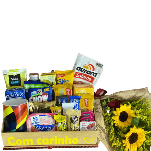 Cesta de cafe com carinho e buque