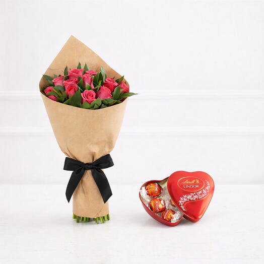 Buquê de 12 Rosas Pink com Chocolate Lindt Lindor Coração | La Floricultura