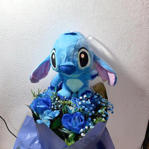 Belissimos Buque Flores Azul Natural Com Um Belissimos Pelucia Stiti