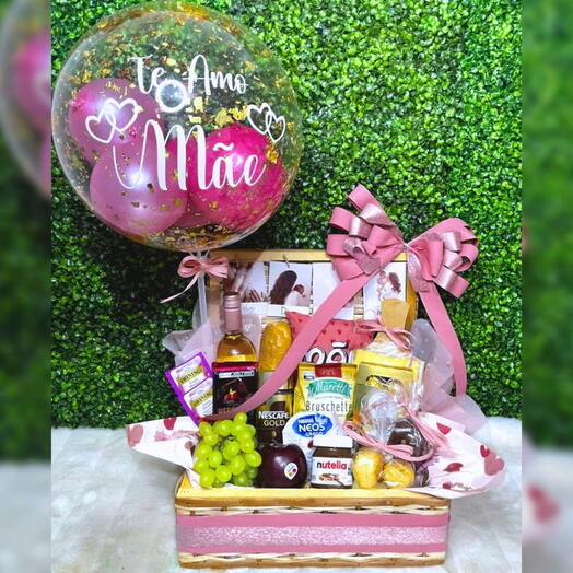 CESTA DAS MÃES COM VINHO CHOCOLATE E BALÃO