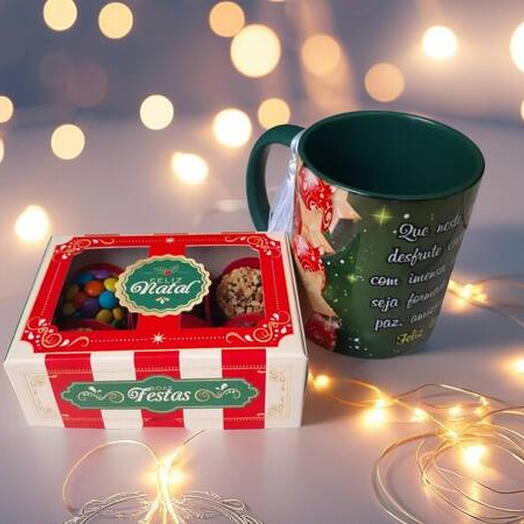 Caneca Personalizada Natal com Caixa de Brigadeiros "Feliz Natal" 6 unidades