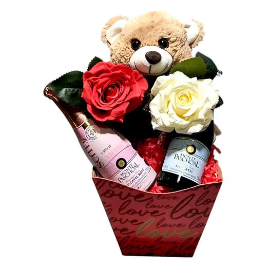 Cesta Amor com Urso Flores e Espumantes