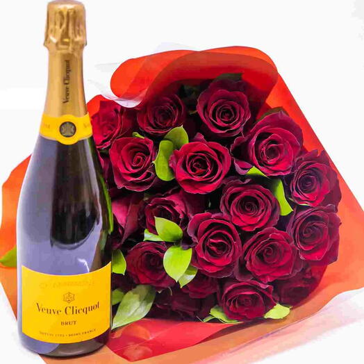 BUQUE FRANCES COM 24 ROSAS COLOMBIANAS E CHAMPAGNE VEUVE CLIQUOT