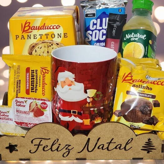 Cesta Natal de Cafe da Manhã e Tarde "Feliz Natal" com Panettone e Caneca natal - feliz natal hohoho