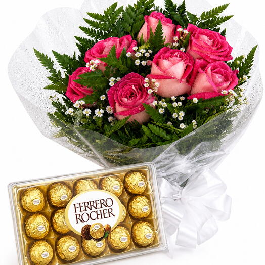 Buquê 7 rosas rosadas com Ferrero Rocher