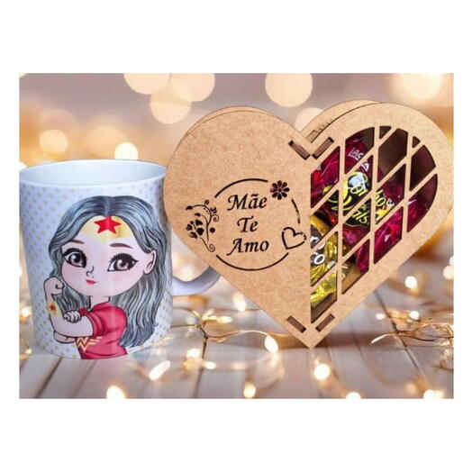 Kit presente Mãe - Com Caneca e Coração Mdf " Mãe Te Amo "