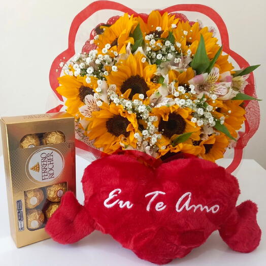 Buque de 12 girassois , Ferrero roche e coração pelucia