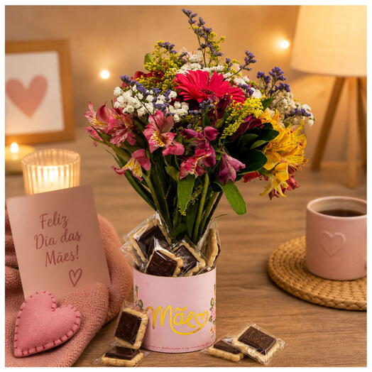 Buquê Flores com Lata de Bolachinha Dia das Mães