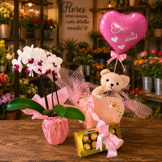 Cesta mini orquidea com urso e chocolate