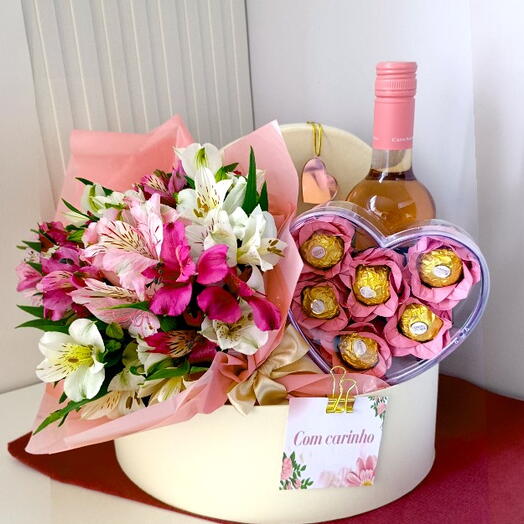 Cesta de Presentes - Flores e Vinho Rose