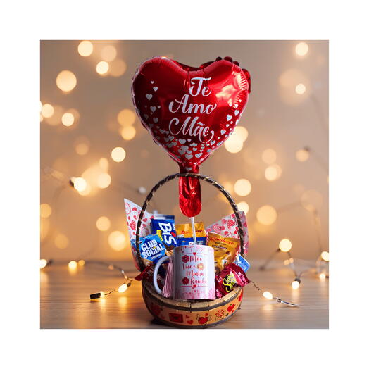 Cesta Mãe Guloseimas com Caneca Você e Minha Rainha e Balão