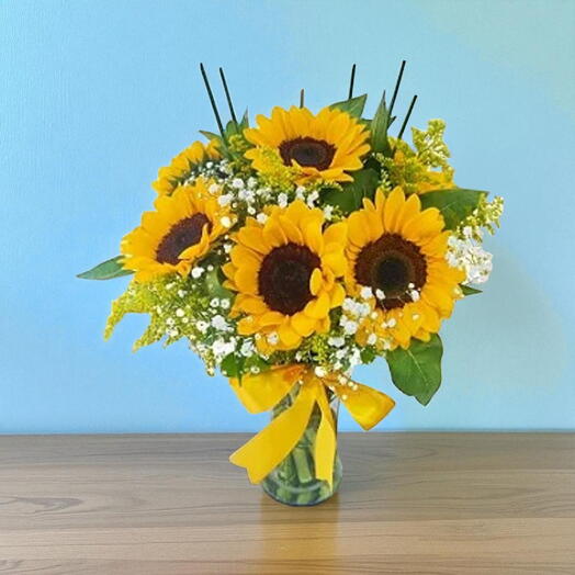 Arranjo No Vidro Com 6 Girassois