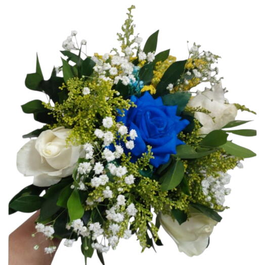 Mine Buque de 3 Rosas Brancas + 1 Articial Azul com Gips