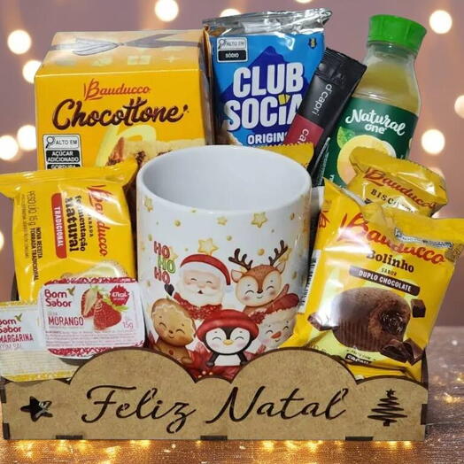 Cesta "Feliz Natal" Cafe da Manhã e Tarde com Chocottone e Caneca Natal - Papai Noel e Bichinhos de Natal
