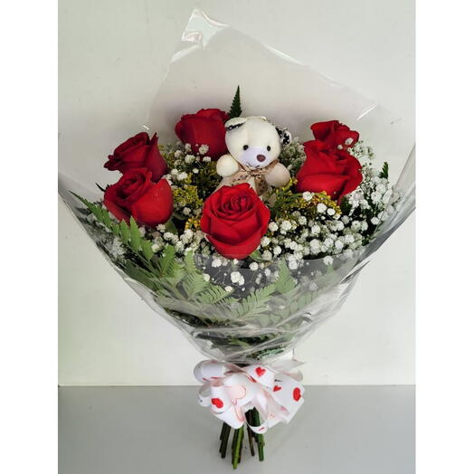 Buquê de 6 Rosas com Ursinho Chaveiro