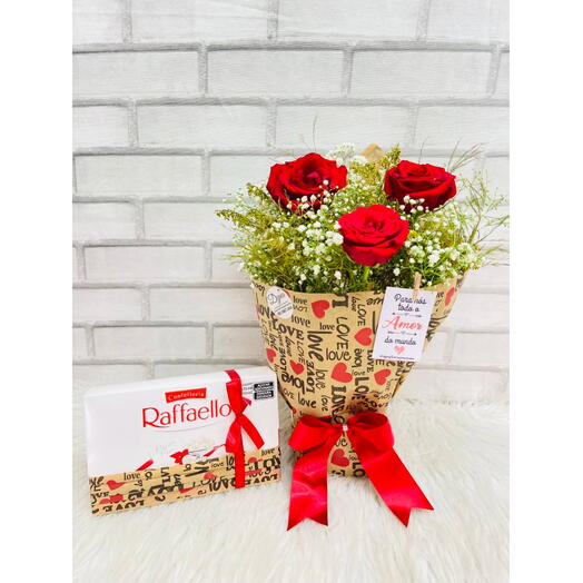 Buquê Com 3 Rosas E Raffaello