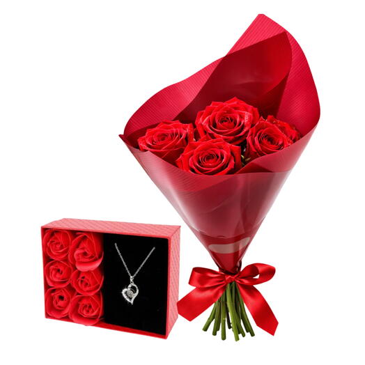 Buquê de 4 Rosas Vermelhas + Colar com Rosas