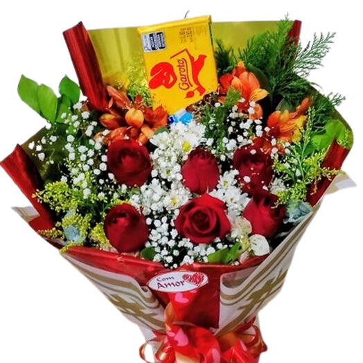 Buquê 6 Rosas com Barra de Chocolate