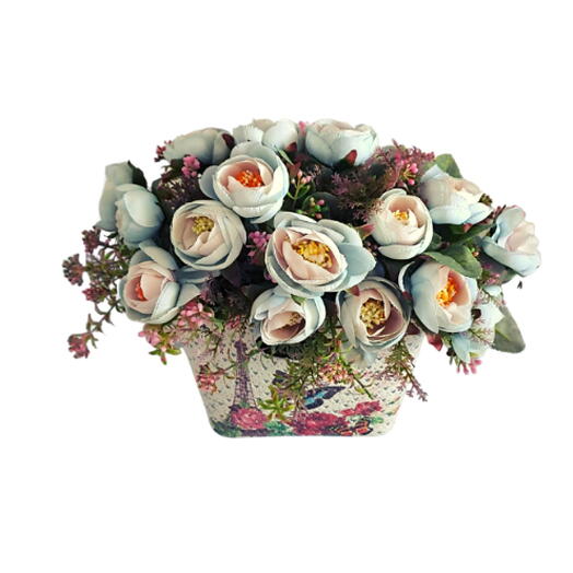 Arranjo com flores mescladas azuis e rosa artificiais