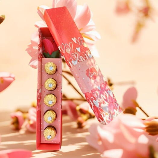 Caixa com Rosa e Ferrero Rocher "Amor" - Presente Especial