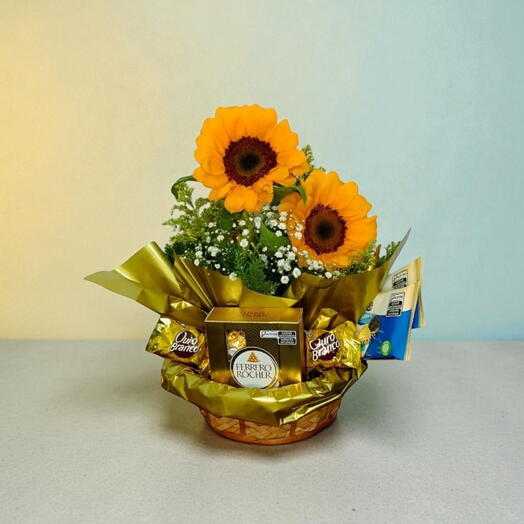 Cesta de Girassol com Chocolates
