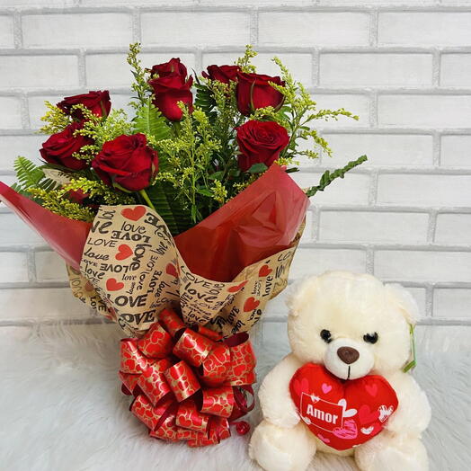 Buquê com 9 Rosas e Urso de pelucia