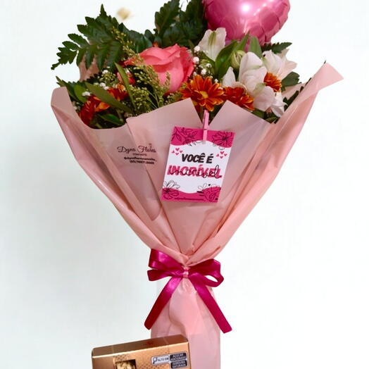 Mini Buquê com Balão Coração Petit com Rosa Cor de Rosa