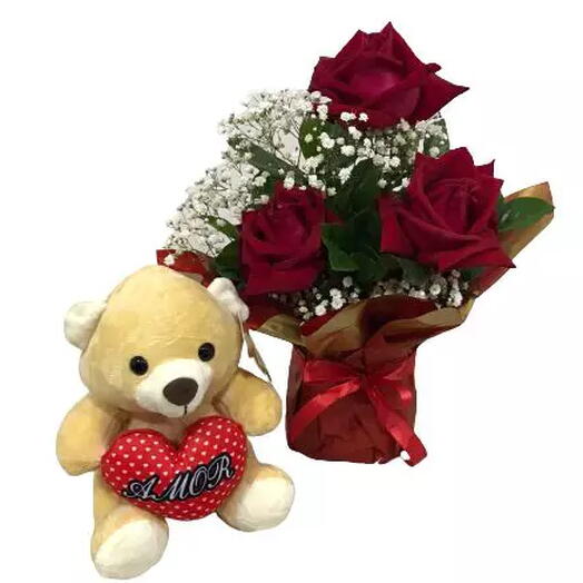 Arranjo de 3 Rosas Vermelhas com Urso De Pelucia