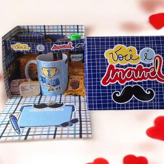 Presente Pai na Caixa Você e Incrivel " Cafe da Manhã Surpesa " com Caneca Pai meu Heroi