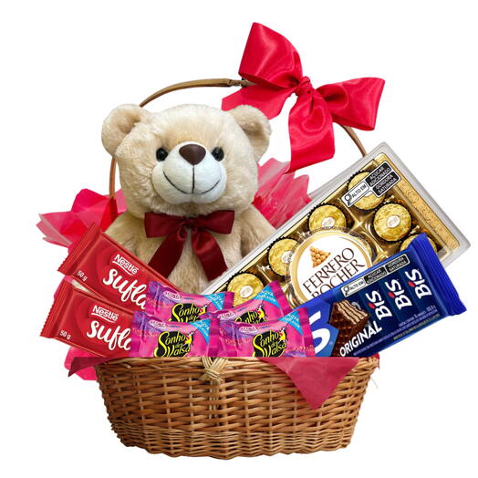 Cesta Amor com Chocolates e Ursinho Fofo