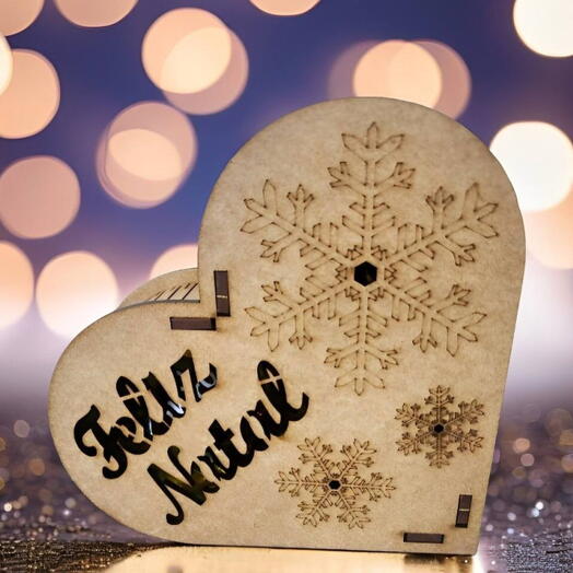 Coração "Feliz Natal" em Mdf com Sonho de Valsa e Ouro Branco