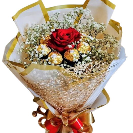 Buquê de Ferrero com 1 Rosa Vermelha