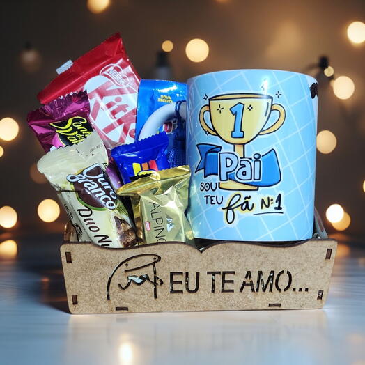 Cesta Flork "Te Amo" com Chocolates e Caneca Pai "Sou teu fã n1"